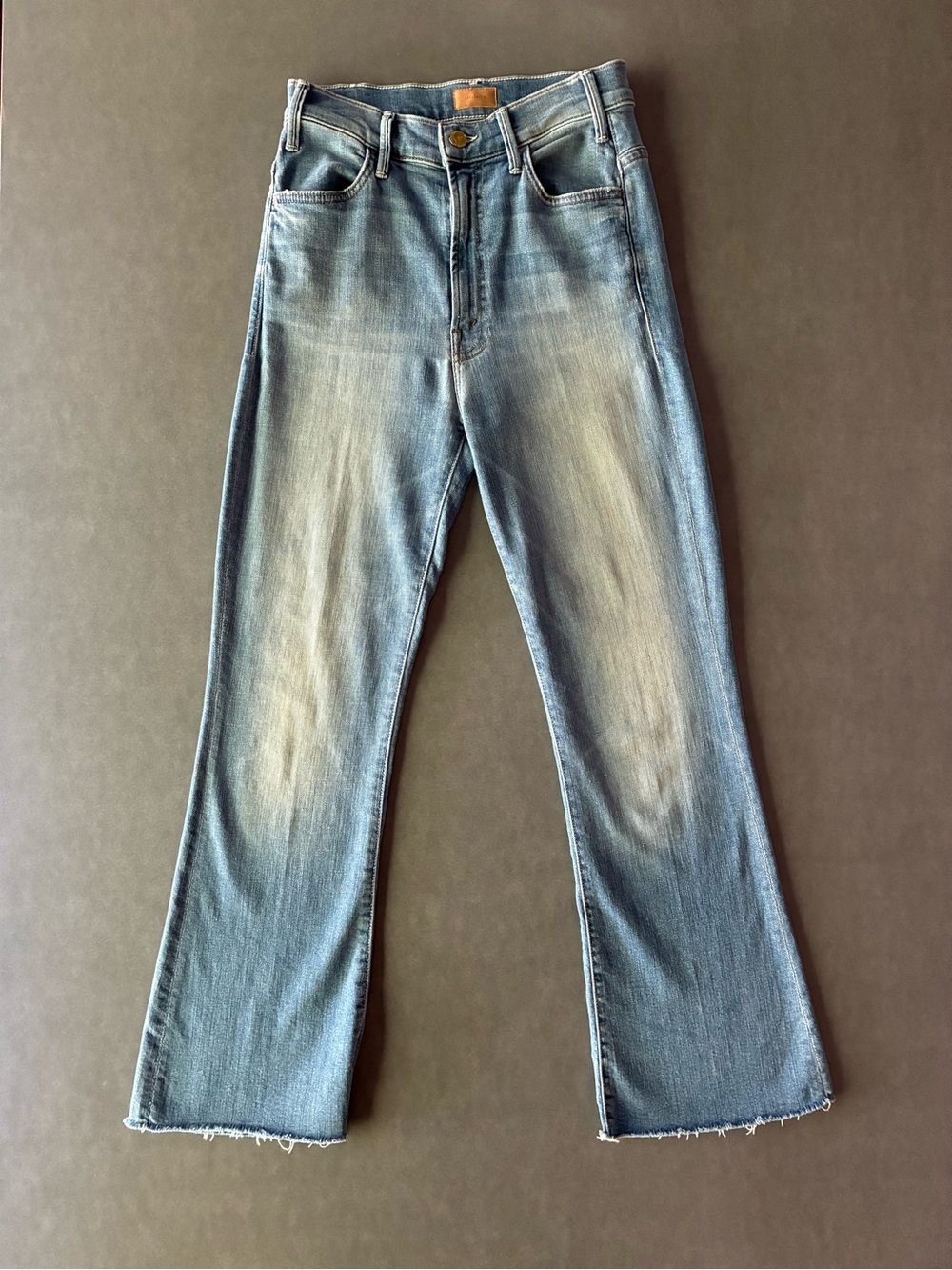 MOTHER The Hustler Ankle Fray in Shaken, Not Stirred High Rise Flare Denim